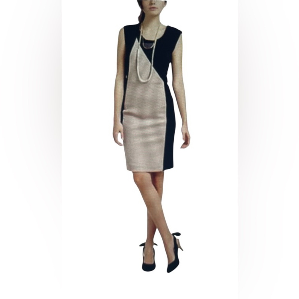 ANTHROPOLOGIE RUBY BELLE Tan Black Color Block MARSEILLE Pencil Sheath Dress 12
